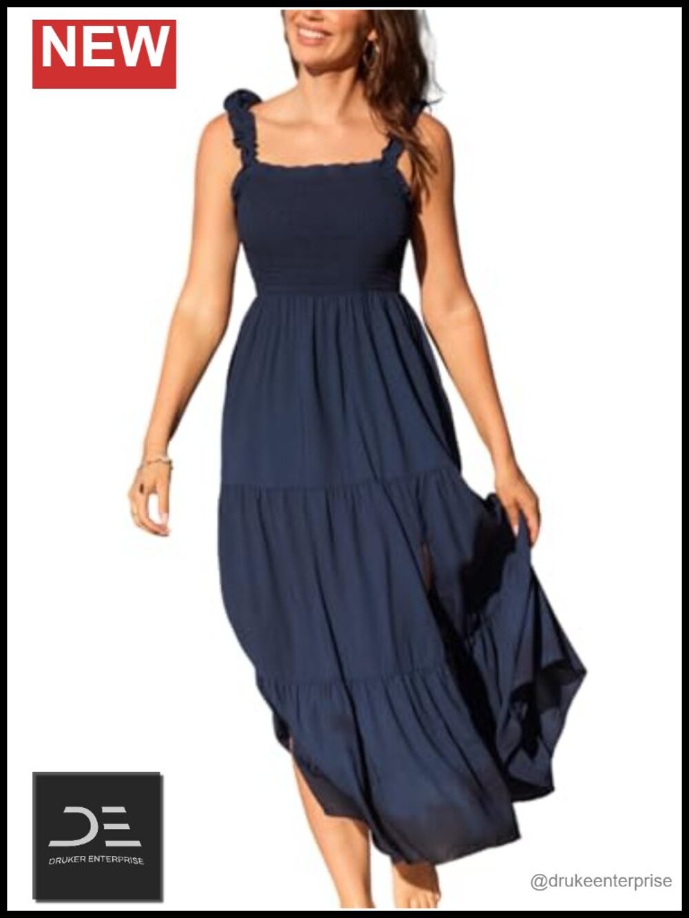 Square Neck Ruffle Strap Smocked Waist Split Hem Tiered Maxi Dress